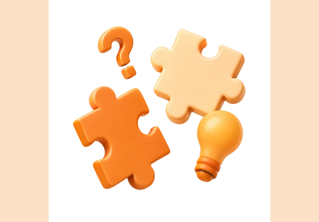 Orange puzzle pieces, a question mark, and a light bulb from the First Principles guide cover