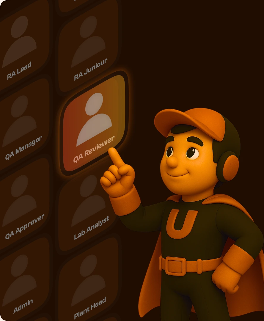 User roles arranged on tilted cards beside the Upslide character.