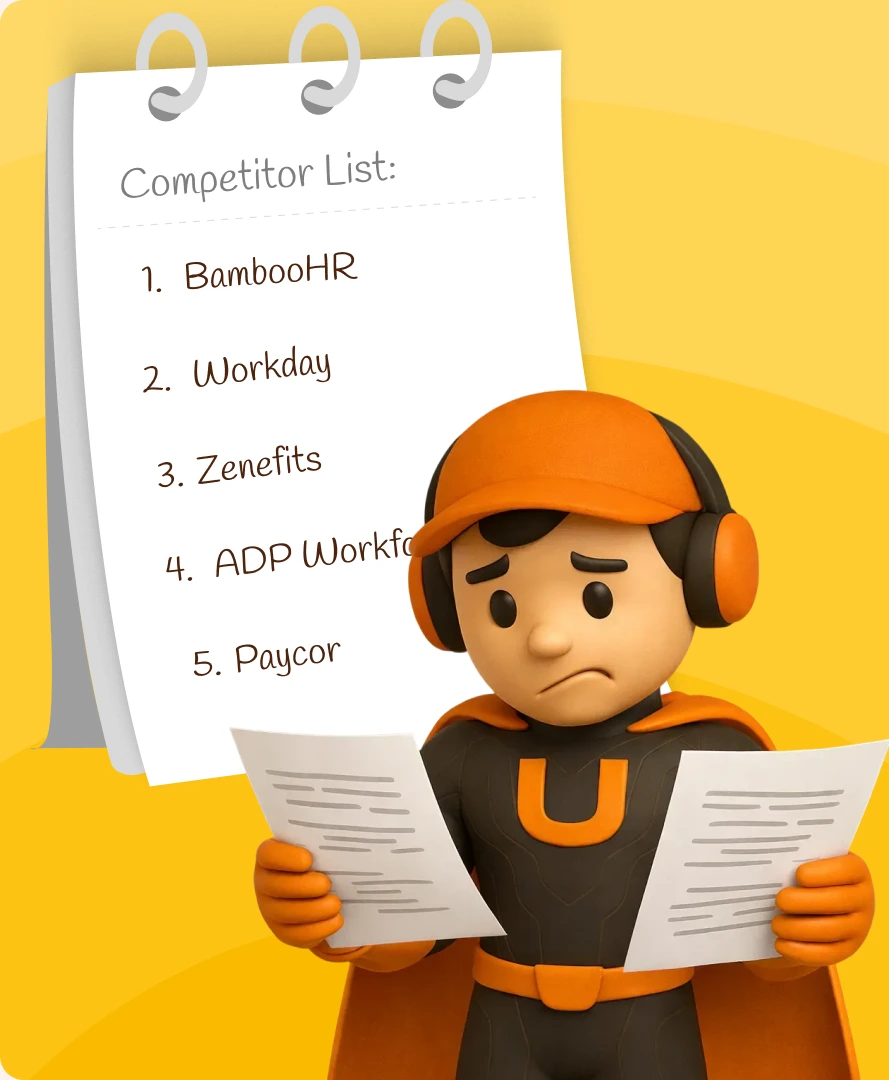 Competitor research notebook beside the Upslide character.