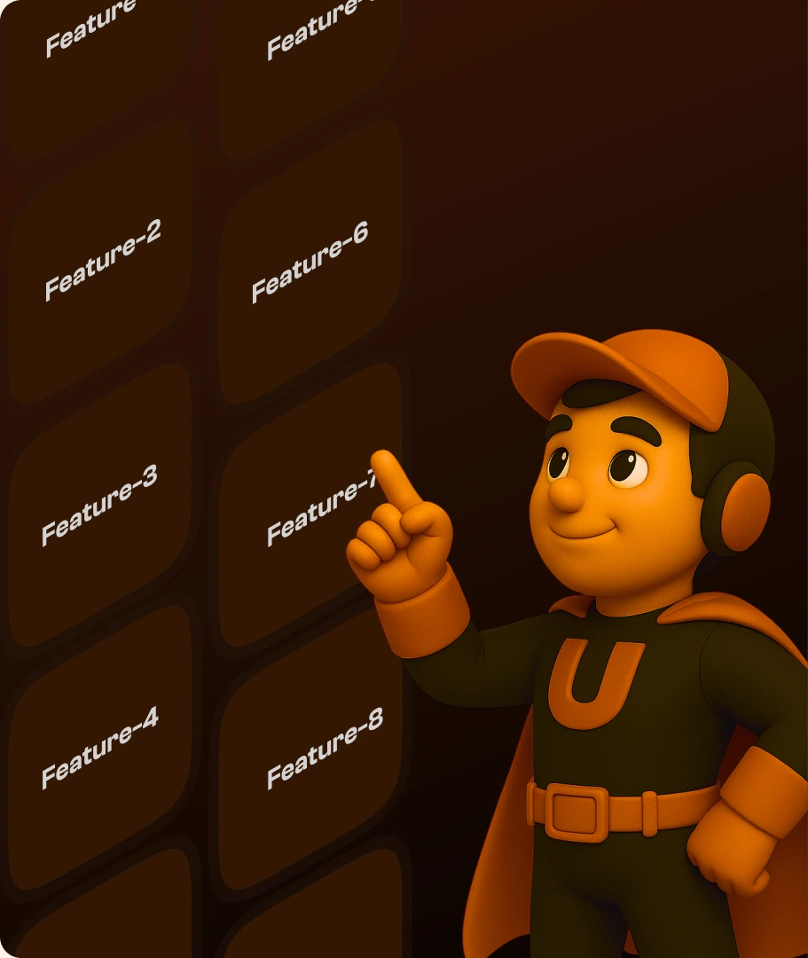 Core software features arranged on tilted cards.