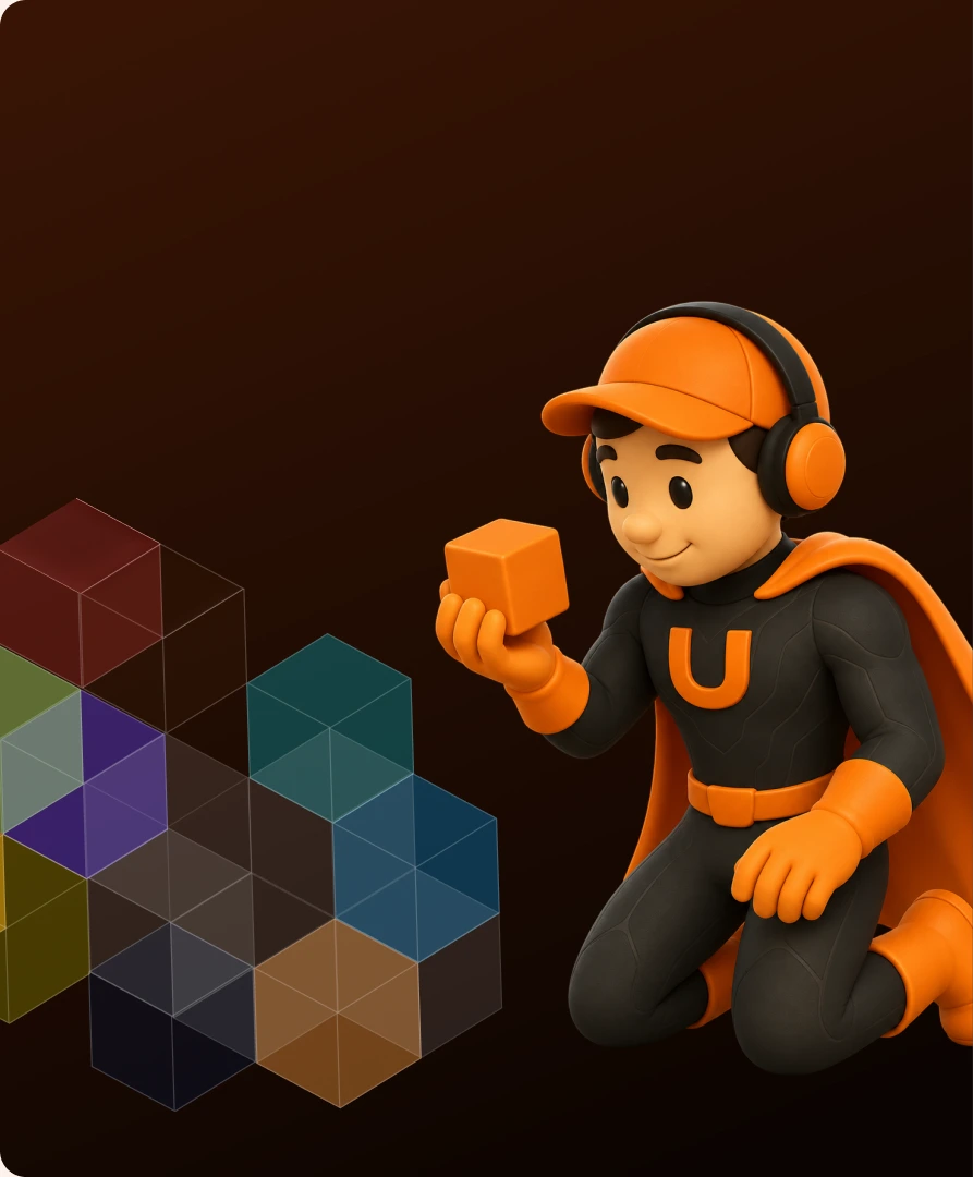Coloured isometric cubes beside the Upslide character.