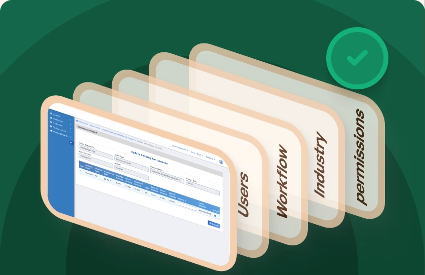 Layered software screens showing users, workflow, industry and permissions.