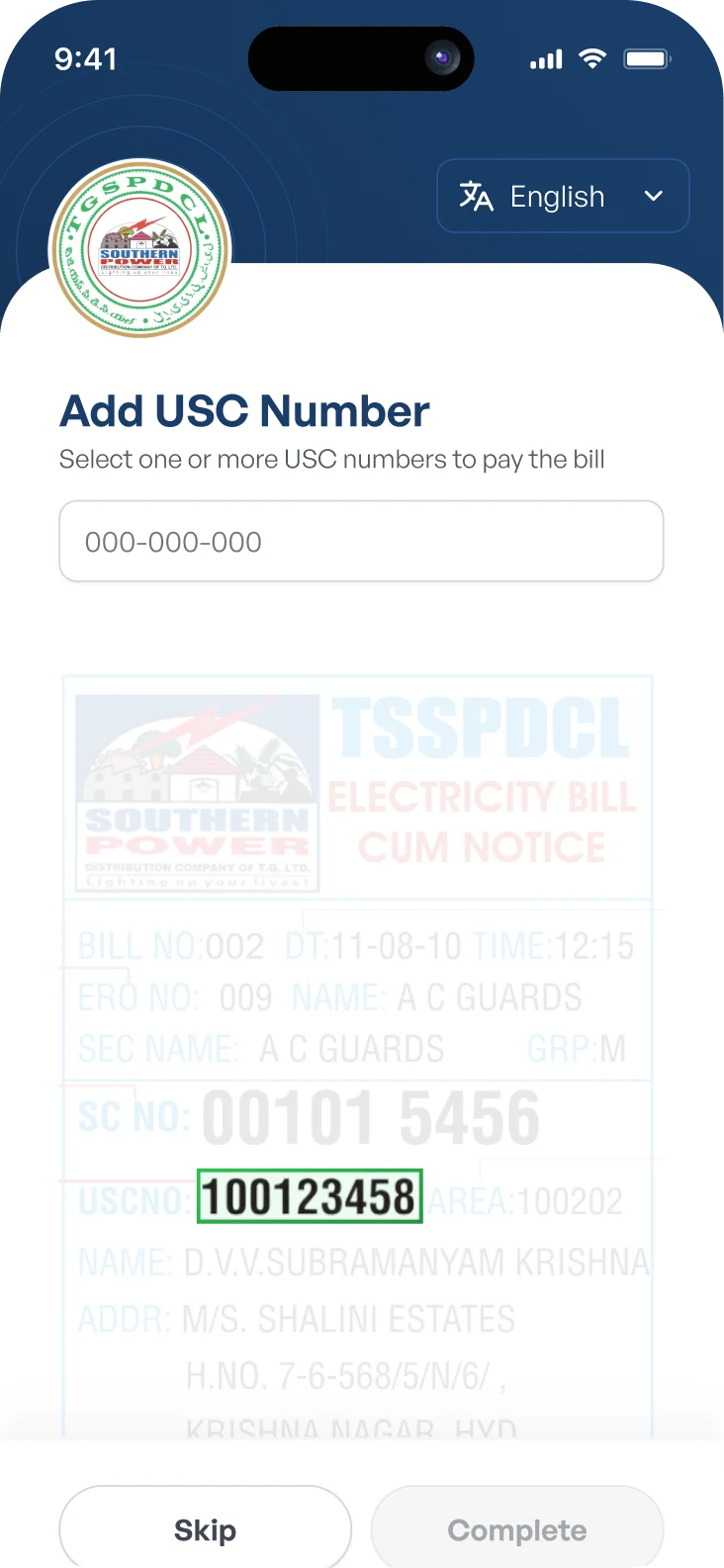 Understand the Format: Add USC Number ​ Add USC Number Select one or more USC numbers to pay the bill 000-000-000